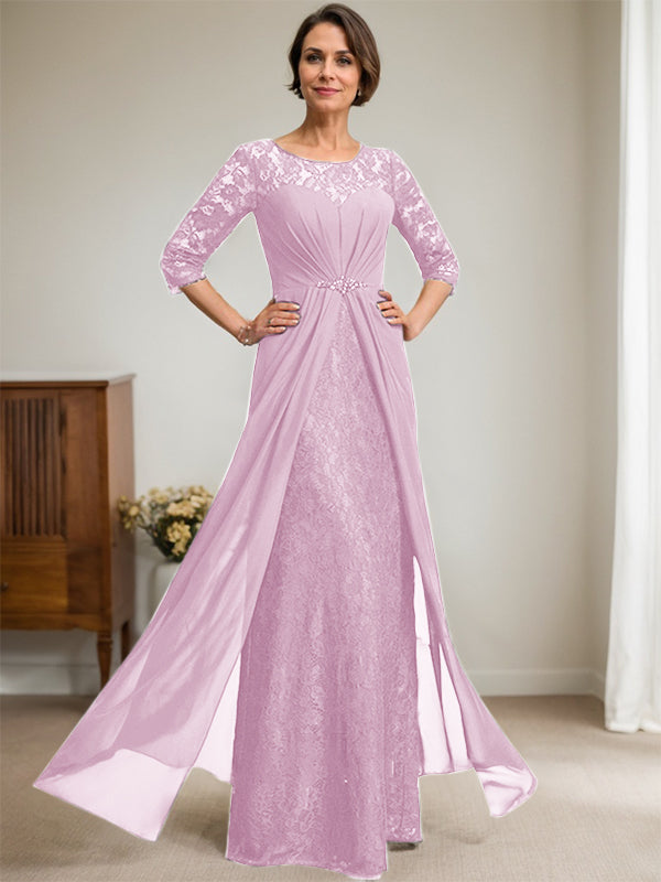 A-Line Scoop Illusion Floor-Length Lace Chiffon Mother Of the Bride Dress With Beading Ruffles
