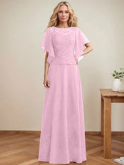 A-line Scoop Illusion Floor-Length Lace Chiffon Mother of the Bride Dress With Sequins
