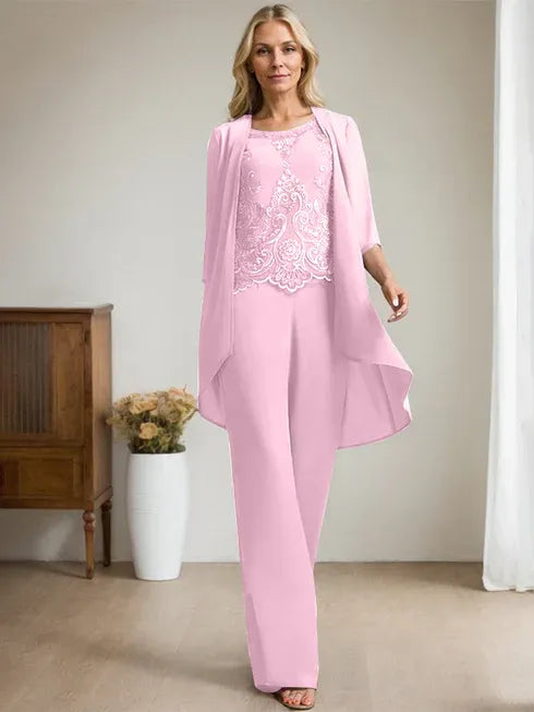 Pantsuit Scoop Floor-Length Chiffon Lace Mother of the Bride Dress With Beading Sequins