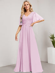 A-line V-Neck Floor-Length Lace Chiffon Mother of the Bride Dress With Sequins