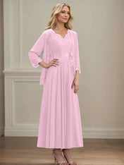 A-line V-Neck Ankle-Length Chiffon Mother of the Bride Dress With Sequins Appliques Lace Beading