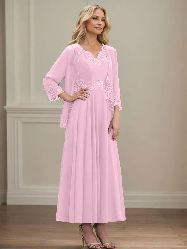 A-line V-Neck Ankle-Length Chiffon Mother of the Bride Dress With Sequins Appliques Lace Beading