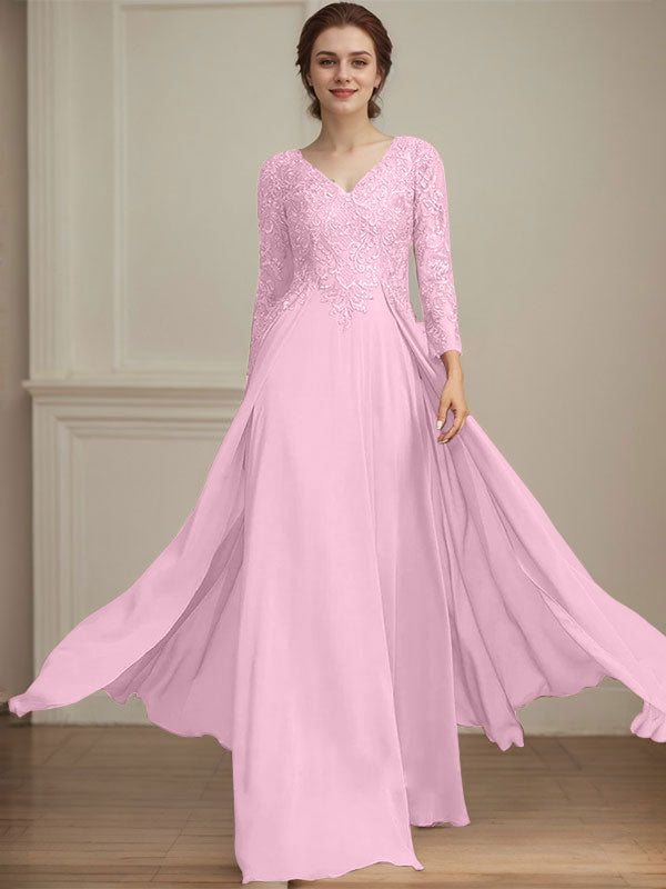 A-line V-Neck Floor-Length Lace Chiffon Mother of the Bride Dress With Sequins