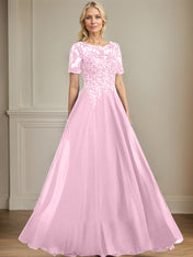 A-line Scoop Illusion Floor-Length Chiffon Lace Mother of the Bride Dress With Sequins Beading
