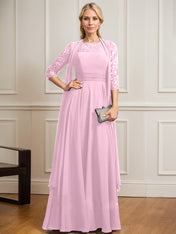 A-line Scoop Illusion Floor-Length Lace Chiffon Mother of the Bride Dress With Pleated