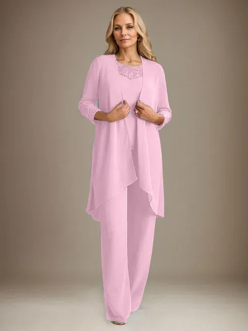 Chiffon Scoop Long Sleeves Mother Of The Bride Pantsuits With Jacket
