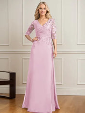 A-line V-Neck Floor-Length Lace Chiffon Mother of the Bride Dress With Pleated Sequins