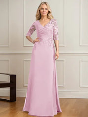 Robe de mère de la mariée trapèze, col en V, longueur au sol, en mousseline de soie et dentelle, avec sequins plissés 