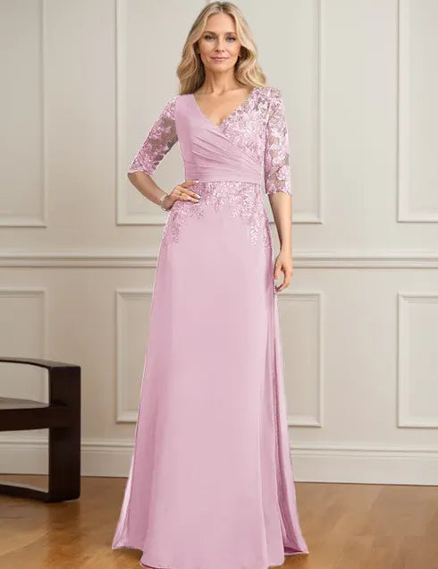 Robe de mère de la mariée trapèze, col en V, longueur au sol, en mousseline de soie et dentelle, avec sequins plissés 