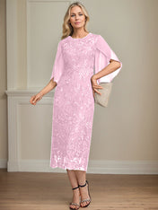 Sheath/Column Scoop Tea-Length Lace Chiffon Mother of the Bride Dress