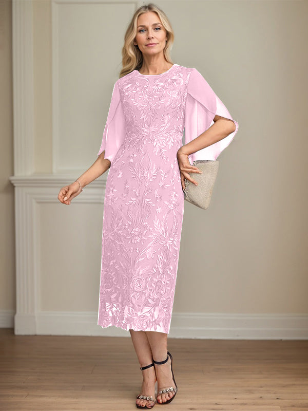 Column Scoop Tea-Length Lace Chiffon Mother of the Bride Dress