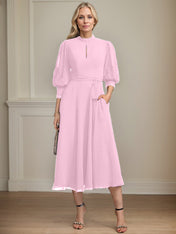 A-line High Neck Tea-Length Lace Chiffon Mother of the Bride Dress With Bow