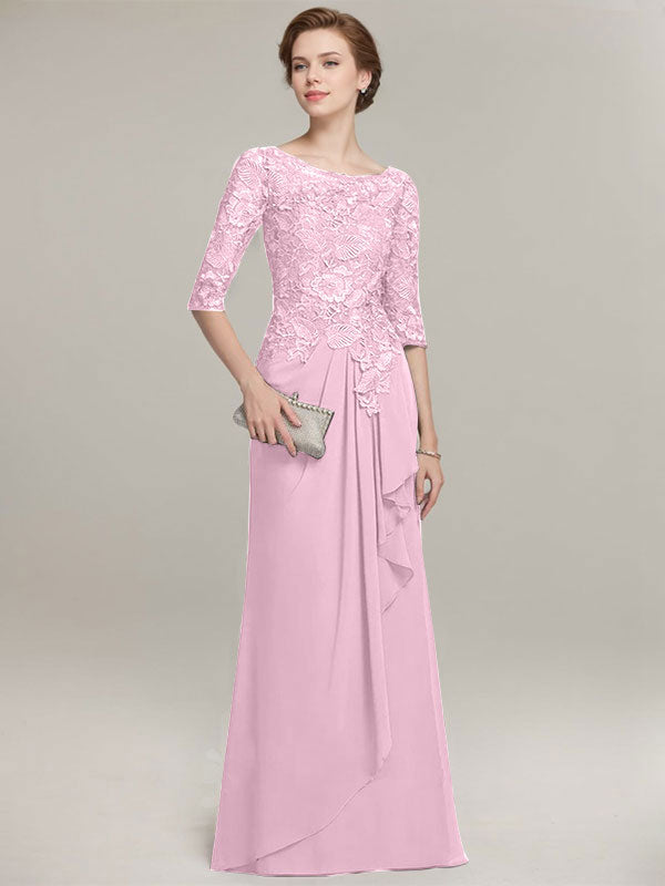A-line Scoop Illusion Floor-Length Lace Chiffon Mother of the Bride Dress With Cascading Ruffles