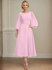 A-line Scoop Tea-Length Chiffon Mother of the Bride Dress With Crystal Brooch Pleated