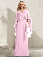 A-line V-Neck Floor-Length Chiffon Mother of the Bride Dress With Cascading Ruffles Beading