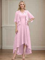 A-line V-Neck Asymmetrical Chiffon Mother of the Bride Dress With Beading Sequins