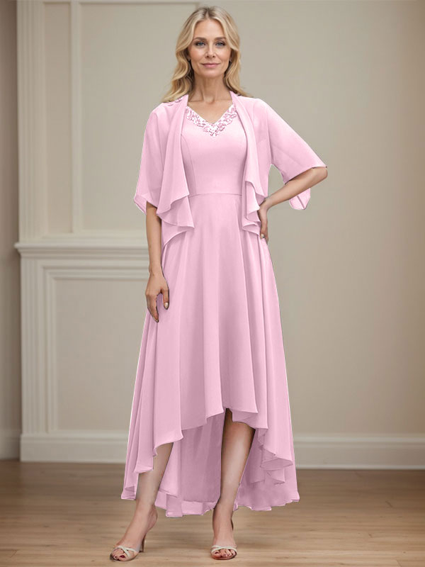 A-line V-Neck Asymmetrical Chiffon Mother of the Bride Dress With Beading Sequins