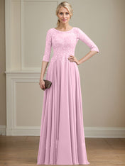 A-line Scoop Illusion Floor-Length Lace Chiffon Mother of the Bride Dress With Sequins