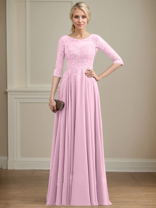 A-line Scoop Illusion Floor-Length Lace Chiffon Mother of the Bride Dress With Sequins