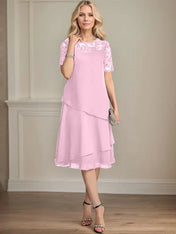 A-line Scoop Illusion Knee-Length Lace Chiffon Mother of the Bride Dress With Sequins