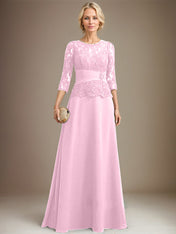 A-line Scoop Illusion Floor-Length Chiffon Lace Mother of the Bride Dress With Pleated Sequins Beading