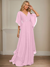 A-line V-Neck Floor-Length Chiffon Mother of the Bride Dress With Sequins Appliques Lace Beading