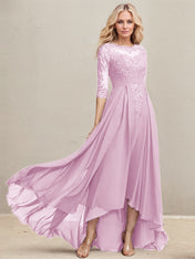 A-line Scoop Illusion Asymmetrical Lace Chiffon Mother of the Bride Dress With Pleated Sequins