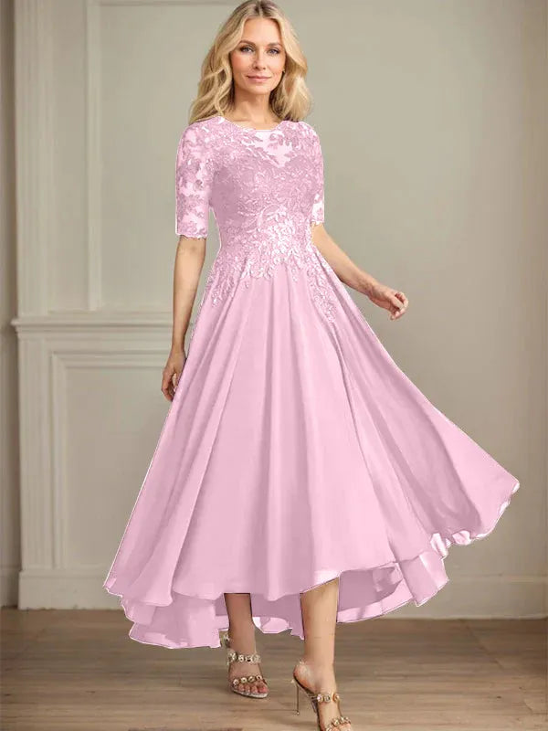 A-line Scoop Illusion Asymmetrical Chiffon Lace Mother of the Bride Dress With Sequins