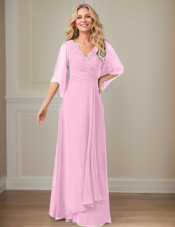 Robe mère de la mariée longue en mousseline à paillettes et col en V
