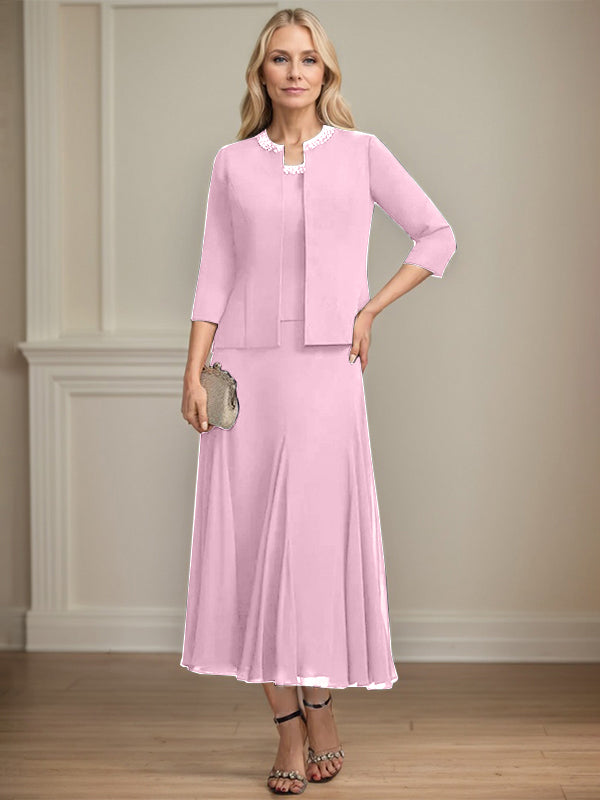 Separates A-line Scoop Tea-Length Chiffon Mother of the Bride Dress With Sequins Beading