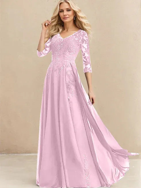 A-line V-Neck Floor-Length Lace Chiffon Mother of the Bride Dress With Sequins