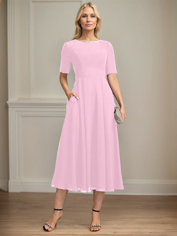 A-line Scoop Tea-Length Chiffon Mother of the Bride Dress With Appliques Lace Sequins