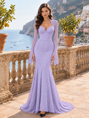 Long-Sleeve Lace-Trimmed Mermaid Evening Dress