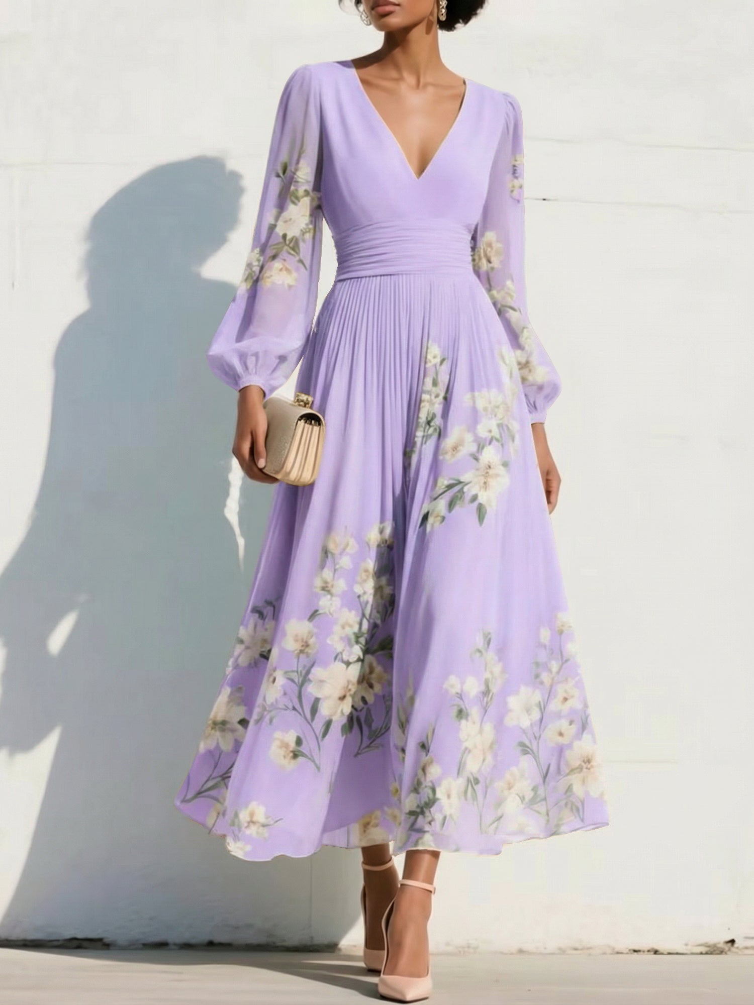 Elegant Floral V-Neck Pleated Midi Dress with Long Sleeves