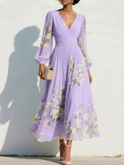 Elegant Floral V-Neck Pleated Midi Dress with Long Sleeves