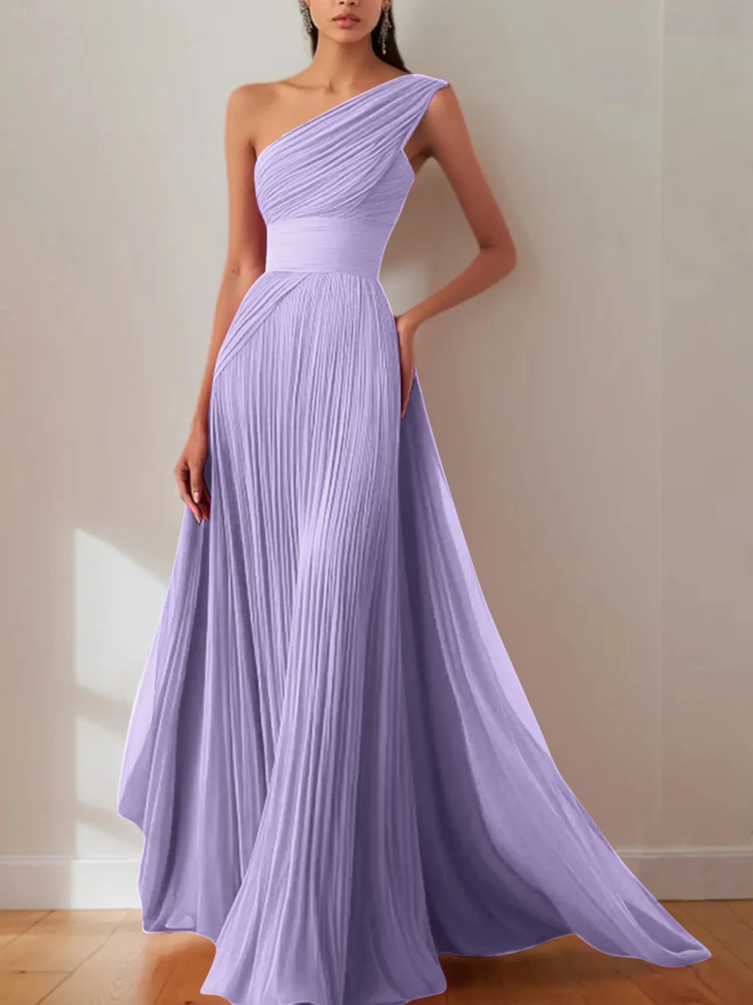 Prom Formal Pleated Dress Rose Color One-Shoulder Maxi Dress