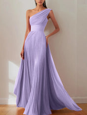 Prom Formal Pleated Dress Rose Color One-Shoulder Maxi Dress