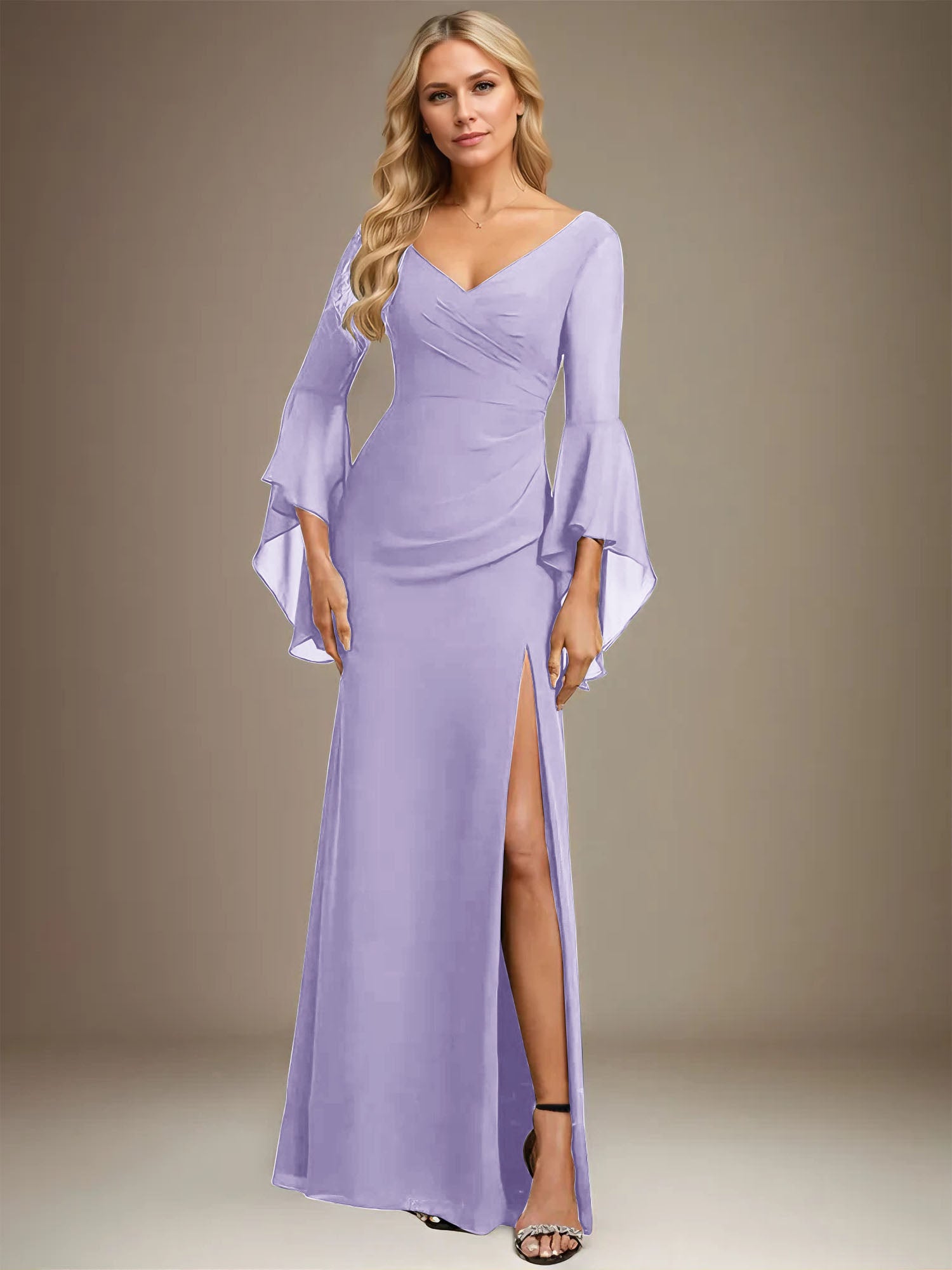 Column V-Neck Floor-Length Chiffon Dress With Pleated