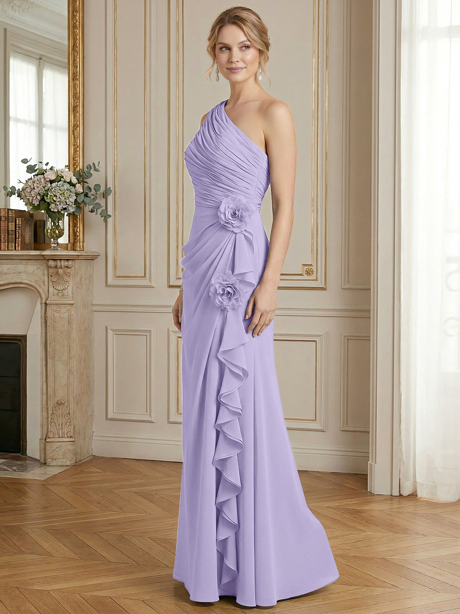 Dusty Blue One-Shoulder Ruched Floral Maxi Dress Gown