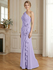 Dusty Blue One-Shoulder Ruched Floral Maxi Dress Gown