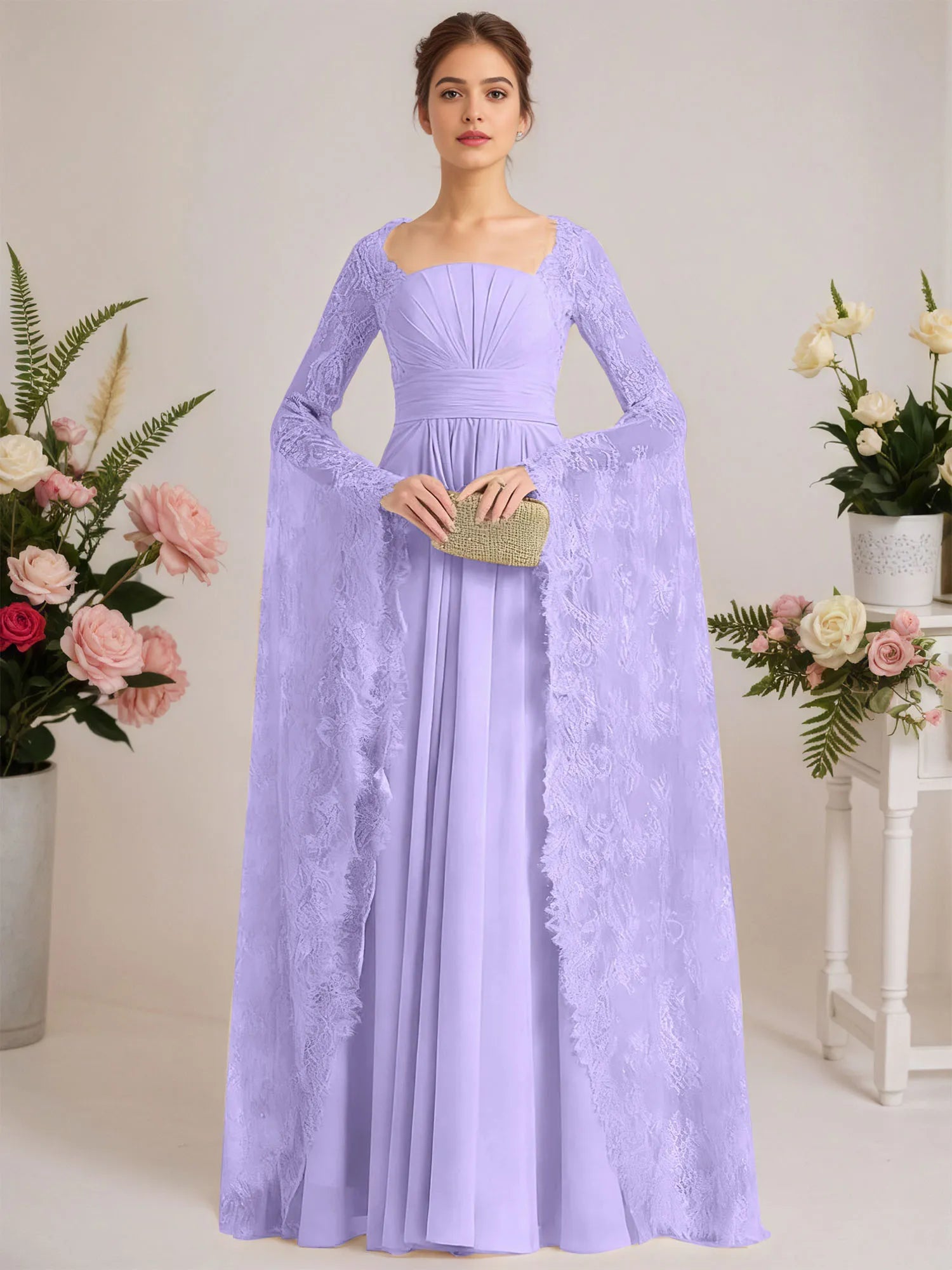 A-line Square Floor-Length Chiffon Lace Evening Dress With Beading Pleated