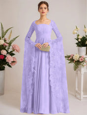 A-line Square Floor-Length Chiffon Lace Evening Dress With Beading Pleated