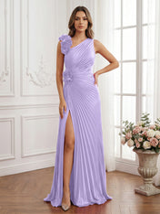 Olive Green Pleated One-Shoulder Prom Dress with 3D Rosettes