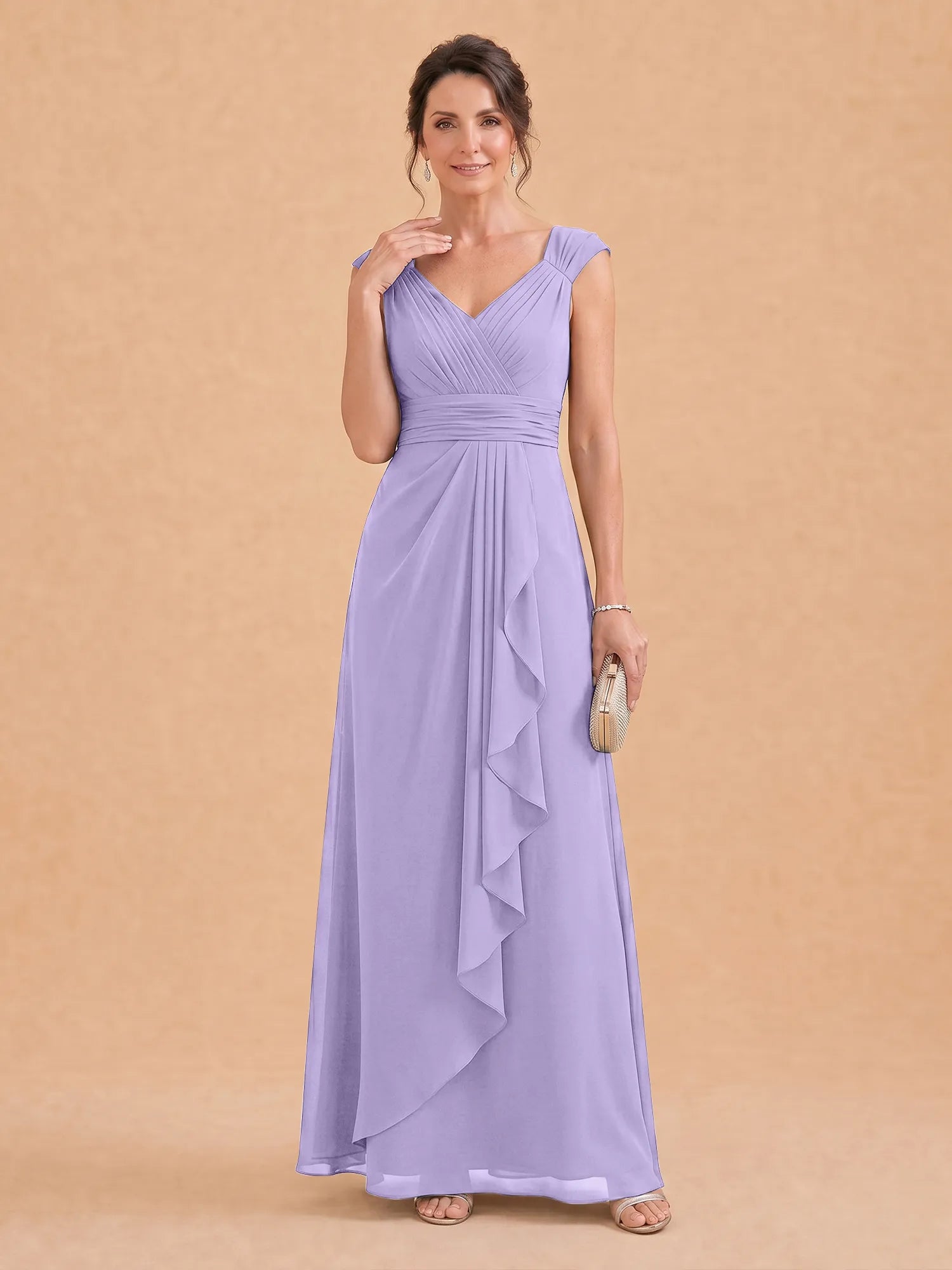 V-Neck Ruched Chiffon A-Line Mother of the Bride Dress with Cascading Ruffle