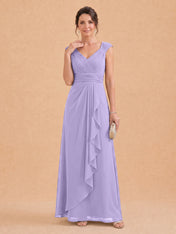 V-Neck Ruched Chiffon A-Line Mother of the Bride Dress with Cascading Ruffle