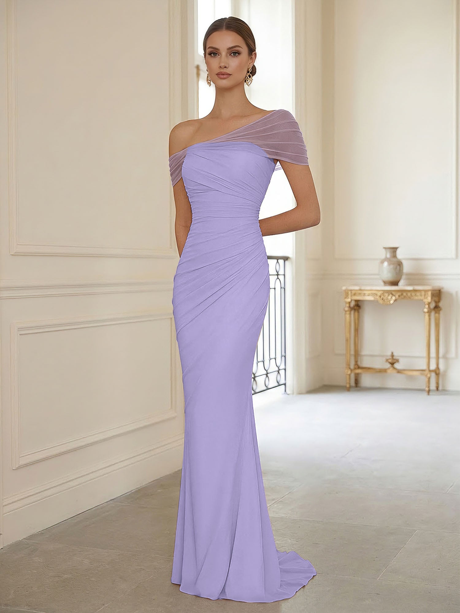 Sophisticated Blush Pink Asymmetrical Ruched Maxi Dress Evening Gown