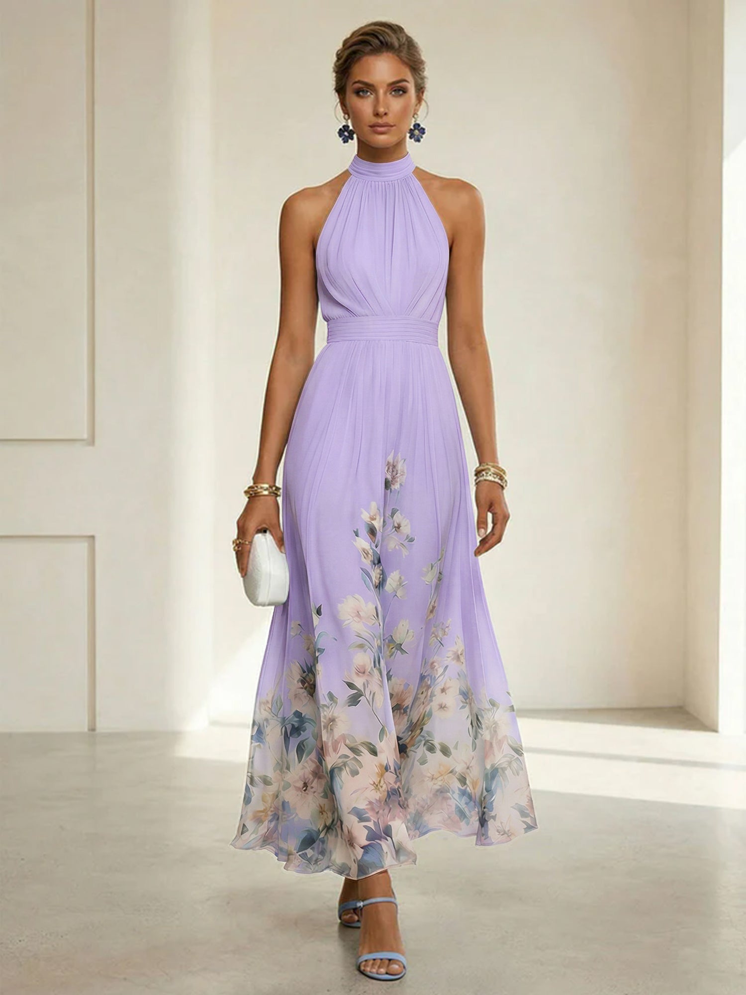 Light Blue Floral Chiffon Halter Sleeveless A-Line Maxi Dress Gown