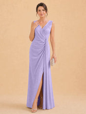 V-Neck Faux-Wrap Evening Gown with Side Draping Mother of The Bride Dresses