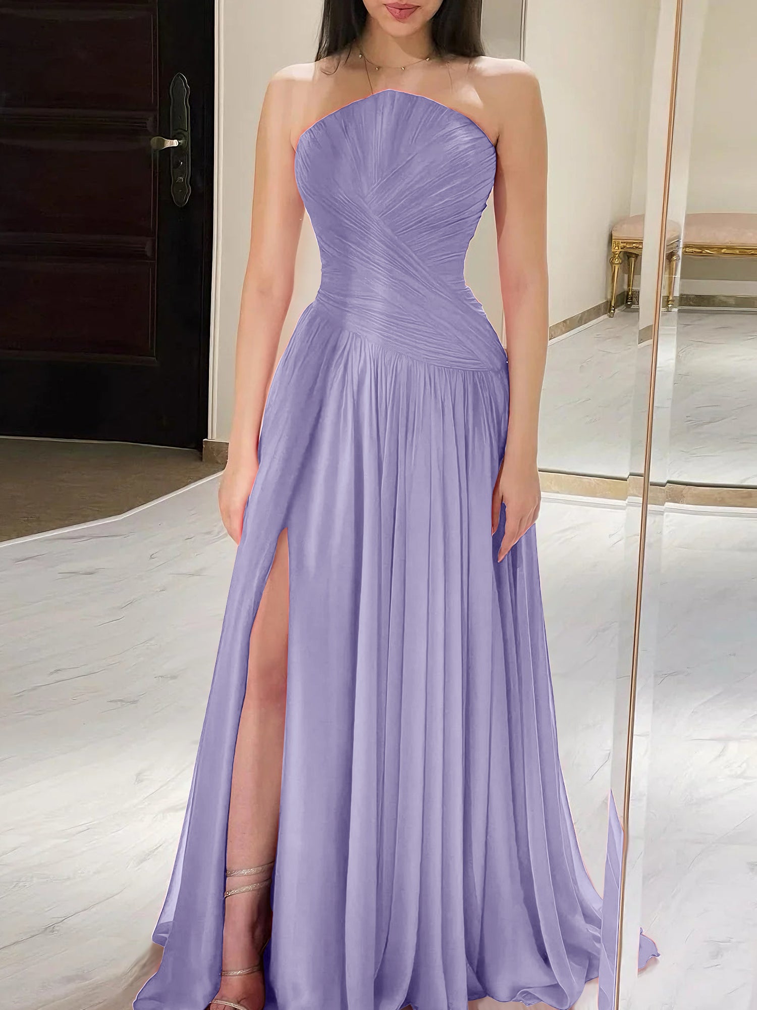 Red Pleated Chiffon Strapless Long Prom Dress with Slit