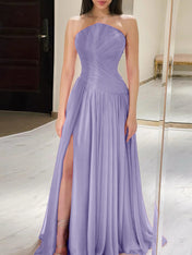 Red Pleated Chiffon Strapless Long Prom Dress with Slit